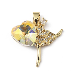 Clear AB Real 18K Gold Plated Rack Plating Brass Micro Pave Clear Cubic Zirconia Pendants, with Glass, Long-Lasting Plated, Cadmium Free & Lead Free, Dancer with Heart Charm, Clear AB, 23x24.5x8.2mm, Hole: 5x3.2mm