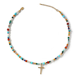 Golden 304 Stainless Steel Cross Pendant Paux Pearl & Glass & Mixed Stone Beaded Necklaces for Women, Colorful, Golden, 16.54 inch(42cm)