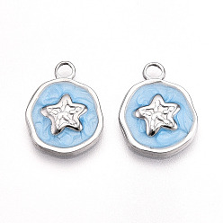 Светло-Голубой 304 подвески из нержавеющей стали, с эмалью, плоский круглый со звездными подвесками, цвет нержавеющей стали, Небесно-голубой, 16.5x13x2 мм, отверстие : 2.5 мм
