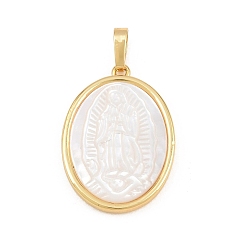 Real 18K Gold Plated Brass with White Shell Pendants, Oval with Virgin Mary Charms, Long-Lasting Plated, Lead Free & Cadmium Free, Rack Plating, Real 18K Gold Plated, 25x18x3mm, Hole: 5x4mm