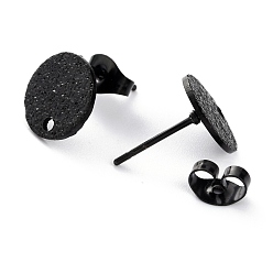 Electrophoresis Black 304 Stainless Steel Stud Earring Findings, Textured Flat Round, Electrophoresis Black, 10x1mm, Hole: 1.4mm, Pin:0.8mm