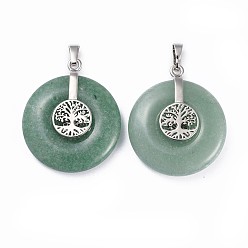 Green Aventurine Natural Quartz Crystal Pendants, with Platinum Tone Brass Findings, Donut/Pi Disc with Tree of Life, 35.5x30x8.5~9.5mm, Hole: 4.5x6.5mm