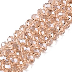Персиковый Слойка Стеклянные бусины с гальваническим покрытием , гальваническое покрытие, граненые, рондель, розовые, 8x6 мм, отверстие : 1 мм, около 60~62 шт / нитка, 39~40 см