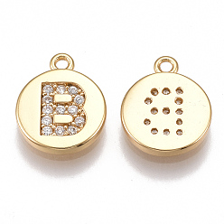 Letter B Brass Cubic Zirconia Charms, Flat Round with Letter, Nickel Free, Real 18K Gold Plated, Clear, Letter.B, 12x10x2mm, Hole: 1mm