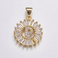 Letter P Долговечные покрытые и стойки латунные микропроволочные кубические буквы из циркония, плоско-круглые, реальный 18 k позолоченный, letter.p, 19x15.5x2.5 мм, отверстие : 3.5x4 мм