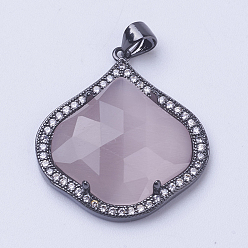 Gunmetal Brass Cat Eye Pendant, with Micro Pave Cubic Zirconia, Faceted, Long-Lasting Plated, Petal, Thistle, Gunmetal, 28x25x5mm, Hole: 3.5x4mm