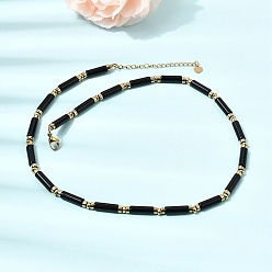Black Onyx Ожерелья из натурального черного оникса (окрашенного и подвергнутого термической обработке) и синтетического немагнитного гематита в виде колонн с цепочками из нержавеющей стали., золотые, 304 дюйм (16.85 см)