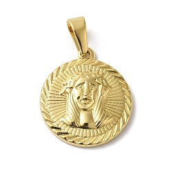 Золотой Вакуумное покрытие pvd 304 подвески из нержавеющей стали, плоский круглый с подвеской в виде головы Иисуса, религия, золотые, 29x25x4 мм, отверстие : 5x8.5 мм