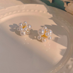 Круглые Серьги-гвоздики из пластика с имитацией жемчуга, с кристально горный хрусталь, золотые, круглые, 18x18 мм