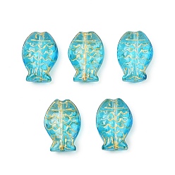 Темно-бирюзовый Гальванопокрытие и стеклянные бусины с золотым металлическим плетением, рыба, темные бирюзовый, 14.5x10x6 мм, отверстие : 1.2 мм