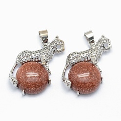 Камень с Пылевым Золотом Синтетические голдстоуновские подвески, со сплавочной фурнитурой, леопард, платина, 33.5x20x7 мм, отверстие : 4x6 мм