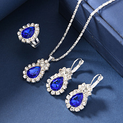 Капри Синий Комплекты из серег, подвесок и колец из сплава со стразами в форме капли, Капри синий, ожерелья: 420мм; серьги: 40x18мм; кольцо: 17мм внутренний диаметр