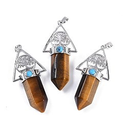 Тигровый глаз Большие подвески с граненой заостренной пулей и натуральным тигровым глазом, стойка покрытие латунь дерево жизни треугольные подвески, платина, без свинца и без кадмия, 56~57x26.5~27x16.5~17 мм, отверстие : 6x4 мм