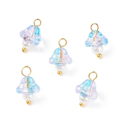 Светло-Голубой Гальванические стеклянные подвески, с позолоченной латунной фурнитурой и круглыми бусинами из стеклянного жемчуга, труба цветок, Небесно-голубой, 14x9x9 мм, отверстие : 2.5 мм