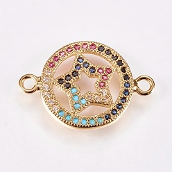 Golden Brass Micro Pave Cubic Zirconia Pentacle Links, Nickel Free & Lead Free & Cadmium Free, Flat Round with Star, Colorful, Golden, 14x20.5x2mm, Hole: 1mm