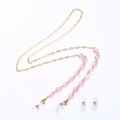 Hot Pink Eyeglasses Chains, Neck Strap for Eyeglasses, with Star Spray Painted Glass Beads, Brass Paperclip Chains, 304 Stainless Steel Lobster Claw Clasps and Rubber Loop Ends, Hot Pink, 30.71 inch(78cm)