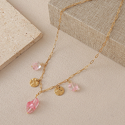 Pink Кулон в виде самородка из стекла и нержавеющей стали в европейском стиле, цепочка-скрепка для женщин, реальный 18 k позолоченный, розовые, 15.75 дюйм (40 см)