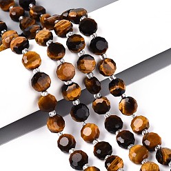 Тигровый глаз Природных тигровый глаз бисер нитей, плоско-круглые, граненые, с бисером, 8~9x8~9x5~6 мм, отверстие : 1~1.2 мм, около 19~20 шт / нитка, 7.48~7.68'' (19~19.5 см)