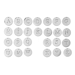 Нержавеющая Сталь Цвет 26 шт. 201 подвески из нержавеющей стали, плоские круглые с письмом ~ г, полый, цвет нержавеющей стали, 12x1 мм, отверстие : 1.4 мм