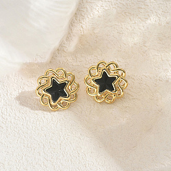 Черный Серьги-гвоздики в форме цветка из нержавеющей стали со звездой, золотые, чёрные, 21x21 мм