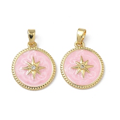 Pink Латунные микропаве прозрачные подвески с фианитом, с эмалью, плоские круглые со звездой, реальный 18 k позолоченный, розовые, 18.5x16x2.5 мм, отверстие : 4x2.5 мм