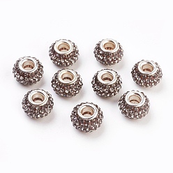 Черный Алмаз Класс горный хрусталь Европейский бисером, бусины с большим отверстием, cmола, с латунным сердечником с серебряным покрытием, рондель, черный алмаз, 12x8 мм, отверстие : 4 мм