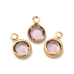 Flamingo Ion Plating(IP) 304 Stainless Steel with Glass Charms, Real 18K Gold Plated, Faceted Flat Round, Flamingo, 9.5x6.5x2mm, Hole: 1.5mm