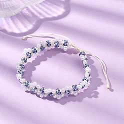 Темно-Синий Браслеты из фарфоровых бусин с цветочным принтом ручной работы для женщин, отпечаток лапы, с подражали жемчужные бусины акриловые, темно-синий, внутренний диаметр: 2-1/8~3-1/4 дюйм (5.35~8.4 см)