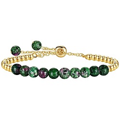 Ruby in Zoisite Natural Ruby in Zoisite 304 Stainless Steel Round Beaded Adjustable Slider Bracelets for Men Women, Real 18K Gold Plated, 6.30 inch(16cm)