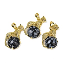 Снежный Обсидиан Натуральный снежный обсидиановый шар с латунными подвесками в форме леопарда, стойки покрытие, без кадмия и без свинца, долговечный, 35x22x6.5 мм, отверстие : 7x3.5 мм