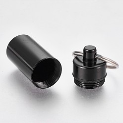 Black Outdoor Portable Aluminium Alloy Small Pill Case, with Iron Key Ring, Black, 50.5x17mm