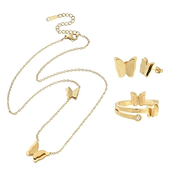 Golden 304 Stainless Steel Butterfly Stud Earrings & Finger Ring & Pendant Necklace, Jewelry Set for Women, Golden, 10x12x3.5mm, Pin: 0.8mm, US Size 7 1/4(17.5mm), 16.26 inch(41.3cm)