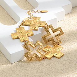 Real 18K Gold Plated 304 Stainless Steel Textured Religion Cross Link Chain Bracelets, Real 18K Gold Plated, 7.83 inch(19.9cm)
