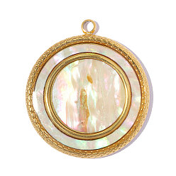 Colorful 304 Stainless Steel & Natural Shell Pendants, Flat Round Charm, Ion Plating(IP), Long-Lasting Plated, Real 18K Gold Plated, Colorful, 26x23mm