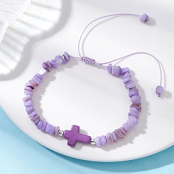 Фиолетовый Регулируемые плетеные браслеты из натуральных пресноводных ракушек и окрашенных синтетических бирюзовых бусин для женщин, чип и кросс, фиолетовые, внутренний диаметр: 2.09 ~ 3.46 дюйм (5.3~8.8 см)