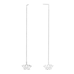 Platinum Rhodium Plated 925 Sterling Silver Ear Thread, Dangle Earrings, with Cable Chains, Lotus, Platinum, 150mm