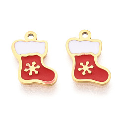 (123L) Белый крем непрозрачный блеск 304 из нержавеющей стали шармы эмали, Рождественский носок с подвеской в виде снежинки, ионное покрытие (ip), реальный 14 k позолоченный, огнеупорный кирпич, 11x7.1x0.9 мм, отверстие : 1 мм