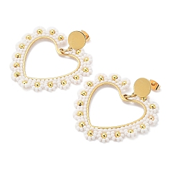 Белый Вакуумное покрытие pvd 304 серьги-гвоздики в форме сердца из нержавеющей стали, серьги-цветы из стеклянных бисера, белые, 48 мм