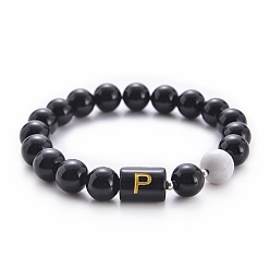 Letter P 10MM Natural Black Onyx(Dyed & Heated) and Howlite Beaded Stretch Bracelets, Alphabet Bracelets, Letter P, 6.60 inch(16.76cm)~8.50 inch(21.58cm)