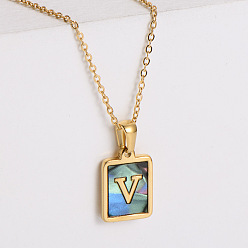 Letter V 304 ожерелья с прямоугольной подвеской из натуральной ракушки пауа из нержавеющей стали для женщин, реальный 18 k позолоченный, Буква V, 17.72 дюйм (45 см)