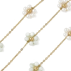 Аквамарин 304 кабельные цепи из нержавеющей стали, цветок, с ракушечным жемчугом и искусственным жемчугом из АБС-пластика, ионное покрытие (ip), реальный 18 k позолоченный, пайки, с катушкой, аквамарин, 8.5x9.5x3.5 мм, около 32.81 футов (10 м) / рулон