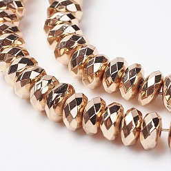Светло-Золотое Покрытие Немагнитные синтетический гематит бисер пряди, граненые, рондель, свет позолоченные, 7.5x3 мм, отверстие : 1 мм, около 137 шт / нитка, 15.9 дюйм