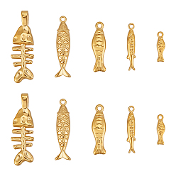 Golden 10Pcs 5 Styles Stainless Steel Pendants, Fish & Fishbone Charms, Golden, 13.5~32x3.5~6.5x2.5~5mm, Hole: 1.2~5mm, 2pcs/style