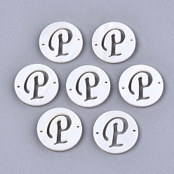 Letter P Natural Freshwater Shell Links Connectors, Flat Round with Letter, Letter.P, 14.5x1.5mm, Hole: 0.9mm