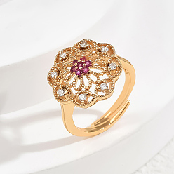 Красный Элегантные регулируемые кольца для женщин с микропаве из латуни и кубическими цирконами, цветок, золотые, красные, 17 мм, внутренний диаметр: регулируемый