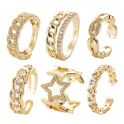 Real 18K Gold Plated 6Pcs 6 Styles Brass Micro Pave Cubic Zirconia Cuff Rings, Open Rings, Long-Lasting Plated, Chain & Hollow Star & Curb Chain Shape & Square with Rhombus & Coffee Bean Chain Shape, Real 18K Gold Plated, Inner Diameter: 17~17.5mm, 1pc/style
