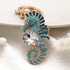 Бирюза Брелки со стразами из сплава, морской конек, бирюзовые, Кулон : 70x35 мм
