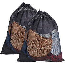 Black 2Pcs Polyester Drawstring Clothing Storage Bags, Mesh Laundry Bags, Rectangle, Black, 620x490x1mm