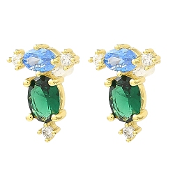 Real 18K Gold Plated Oval Brass Stud Earrings, with Cubic Zirconia, Long-Lasting Plated, Lead Free & Cadmium Free, Real 18K Gold Plated, 17x13mm