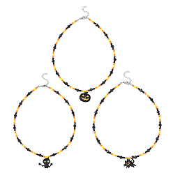 (52) Непрозрачная лаванда Подвеска в форме черепа и кошки из черного сплава с эмалью на Хэллоуин, стеклянные бусины для женщин, разноцветные, 15.98 ~16.34 дюйм (40.6~41.5 см)